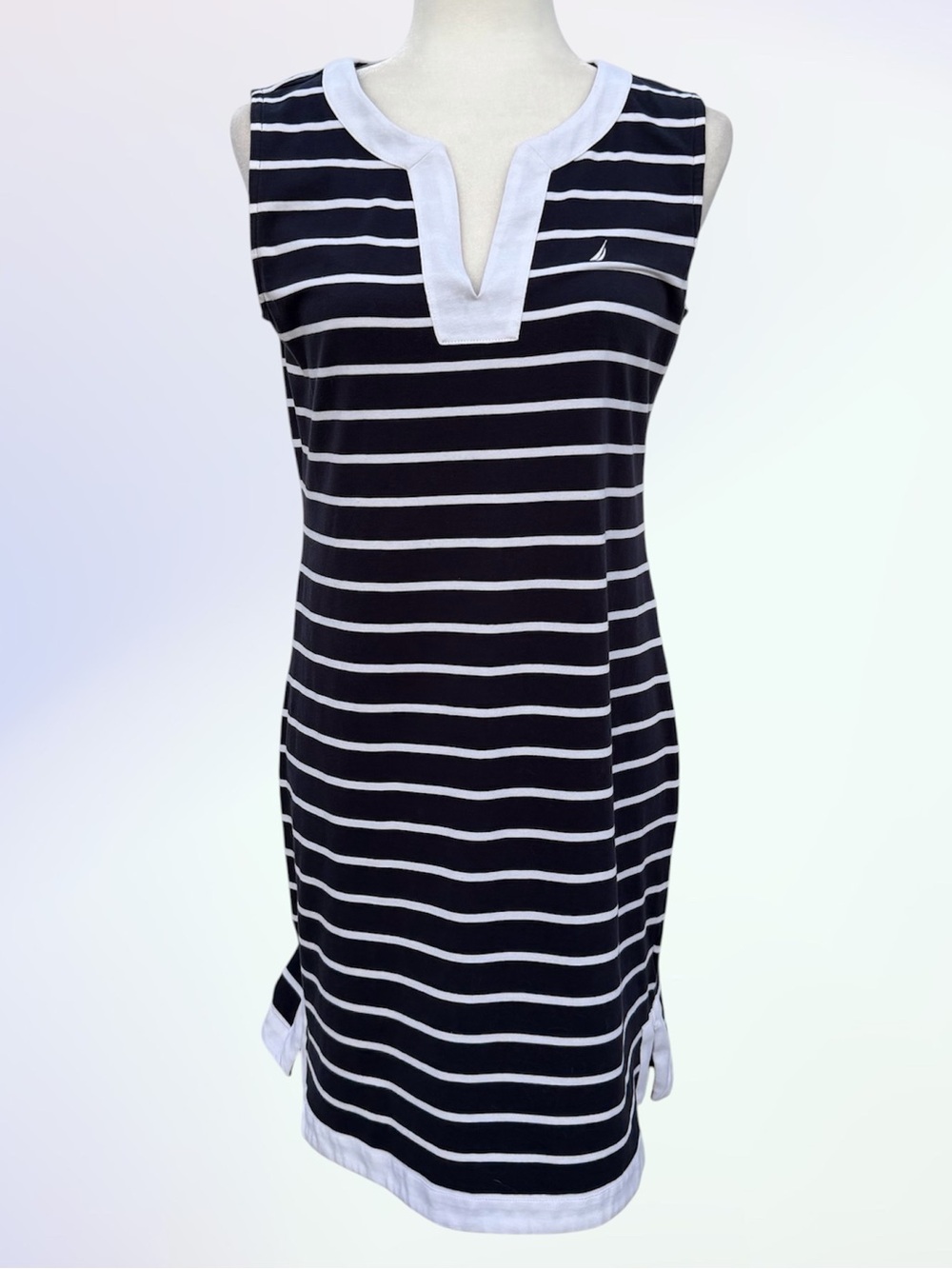 Nautica Breton Navy Blue Stripes Sleeveless V-Neck Cotton Stretch Polo Dress, M